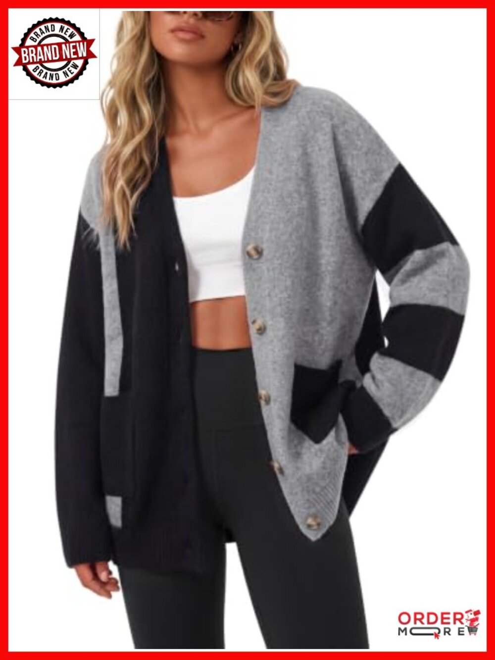 Wool Blend Oversized Color Block Cardigan V-Neck Button Front